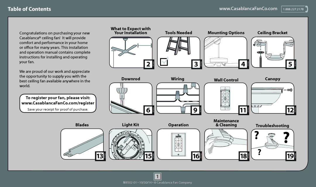 Casablanca Fan Company 59065 operation manual Table of Contents 