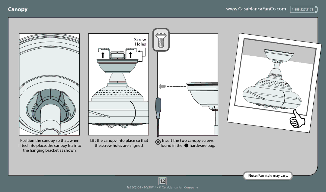 Casablanca Fan Company 59065 operation manual Canopy, Holes 