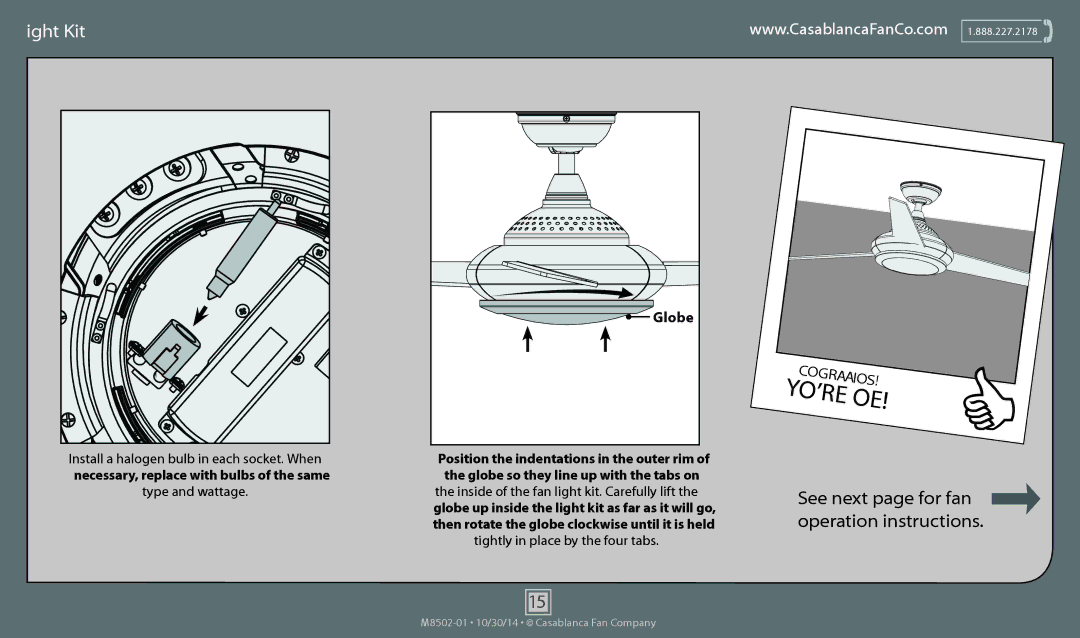 Casablanca Fan Company 59065 operation manual Light Kit, Globe 