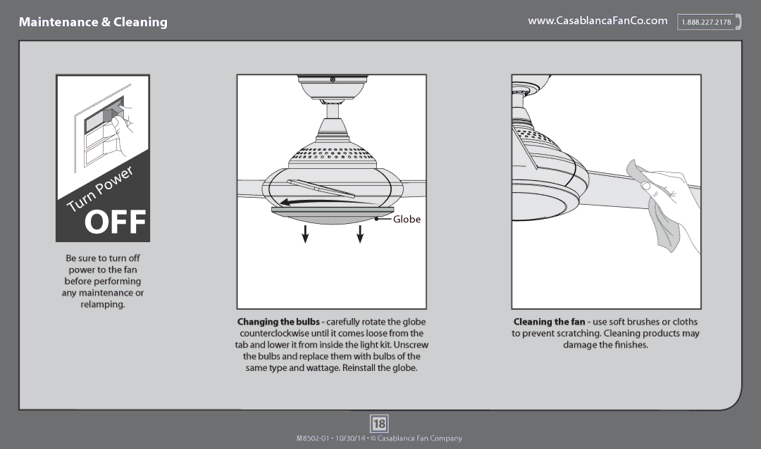 Casablanca Fan Company 59065 operation manual Maintenance & Cleaning, To prevent scratching. Cleaning products may 