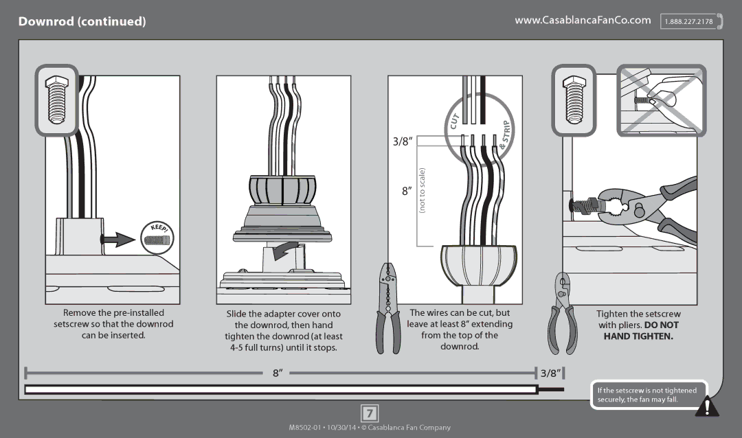 Casablanca Fan Company 59065 operation manual Tighten the setscrew, Leave at least 8 extending, From the top, Downrod 