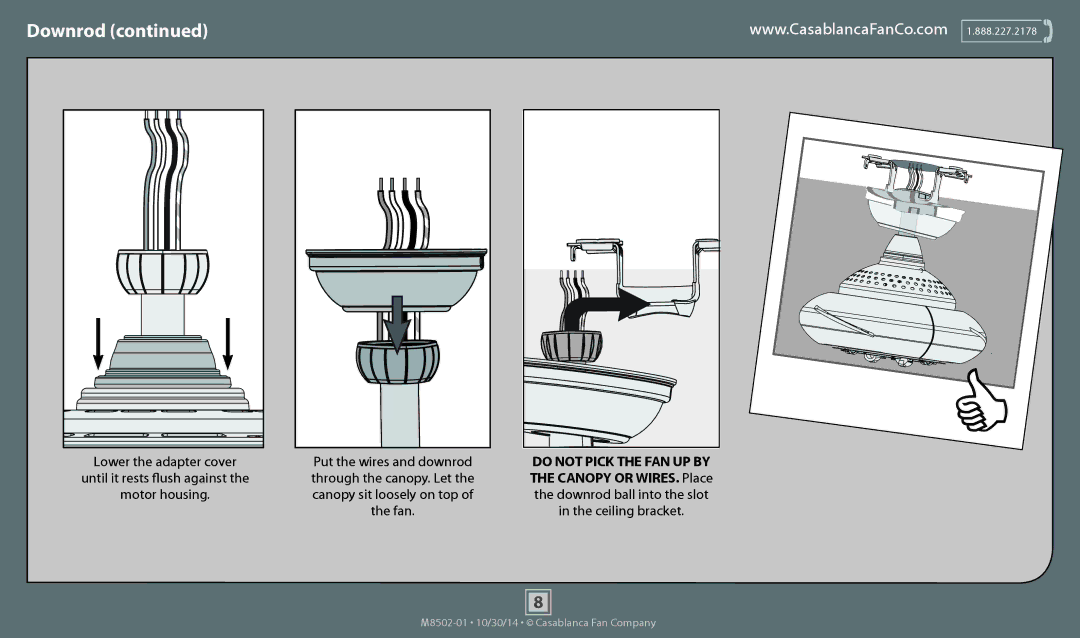 Casablanca Fan Company 59065 Lower the adapter cover Put the wires and downrod, Through the canopy. Let, Motor housing 