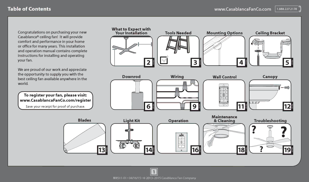 Casablanca Fan Company 59069, 59070, 59068 operation manual ? ?, Table of Contents 