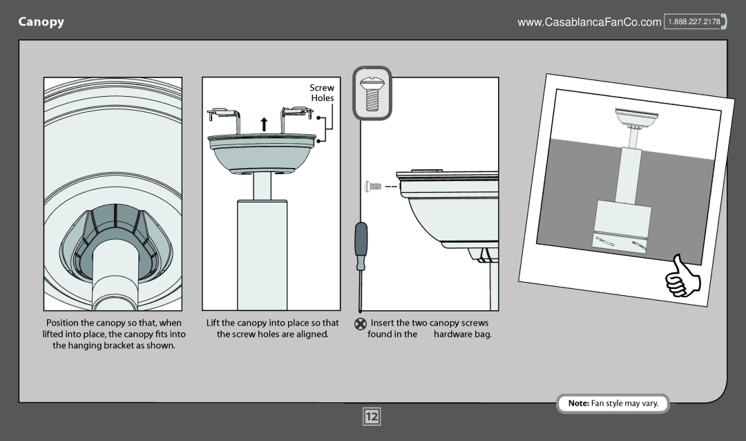 Casablanca Fan Company 59070, 59069, 59068 operation manual Canopy, Holes 