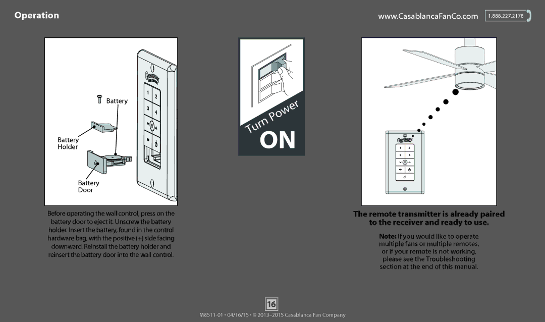 Casablanca Fan Company 59069, 59070, 59068 operation manual Operation, Battery Holder Door 