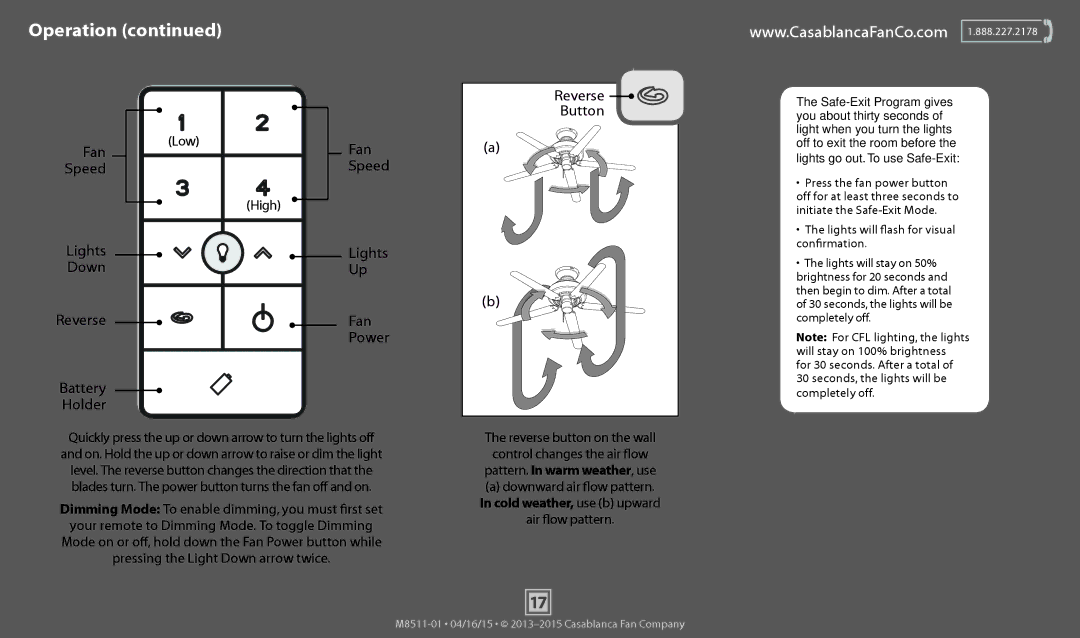 Casablanca Fan Company 59068, 59070, 59069 Low, Speed, High, Reverse, Downward air flow pattern, Air flow pattern 