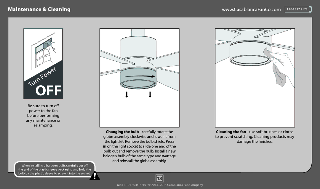 Casablanca Fan Company 59070, 59069, 59068 Maintenance & Cleaning, To prevent scratching. Cleaning products may 