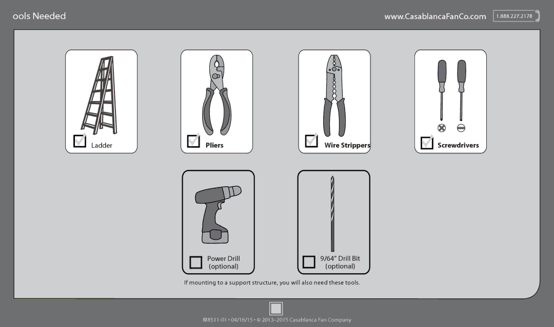 Casablanca Fan Company 59070, 59069, 59068 operation manual Tools Needed 