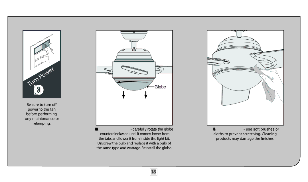 Casablanca Fan Company 59081, 59082, 59083 Maintenance & Cleaning, Changing the bulbs carefully rotate the globe 