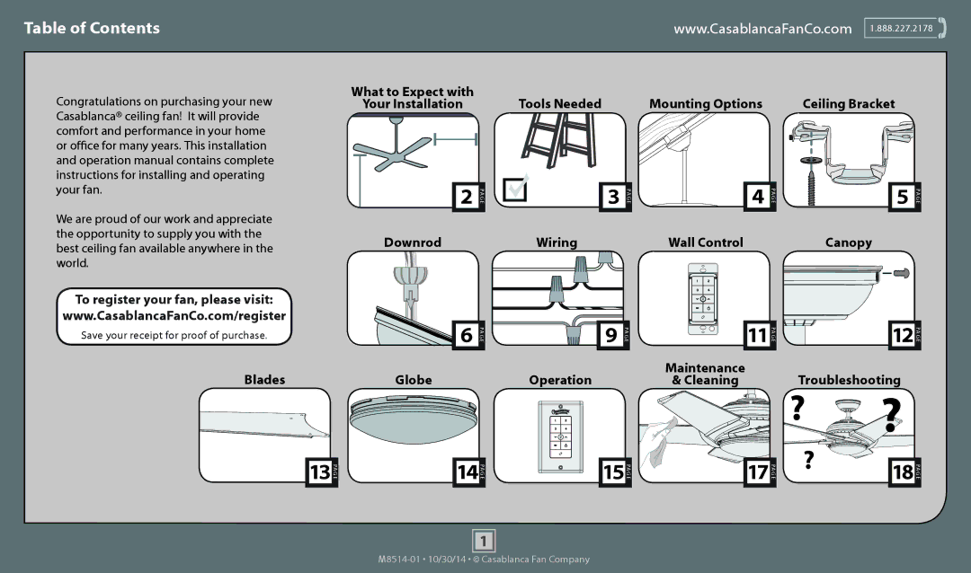 Casablanca Fan Company 59093, 59090 operation manual ? ?, Table of Contents 