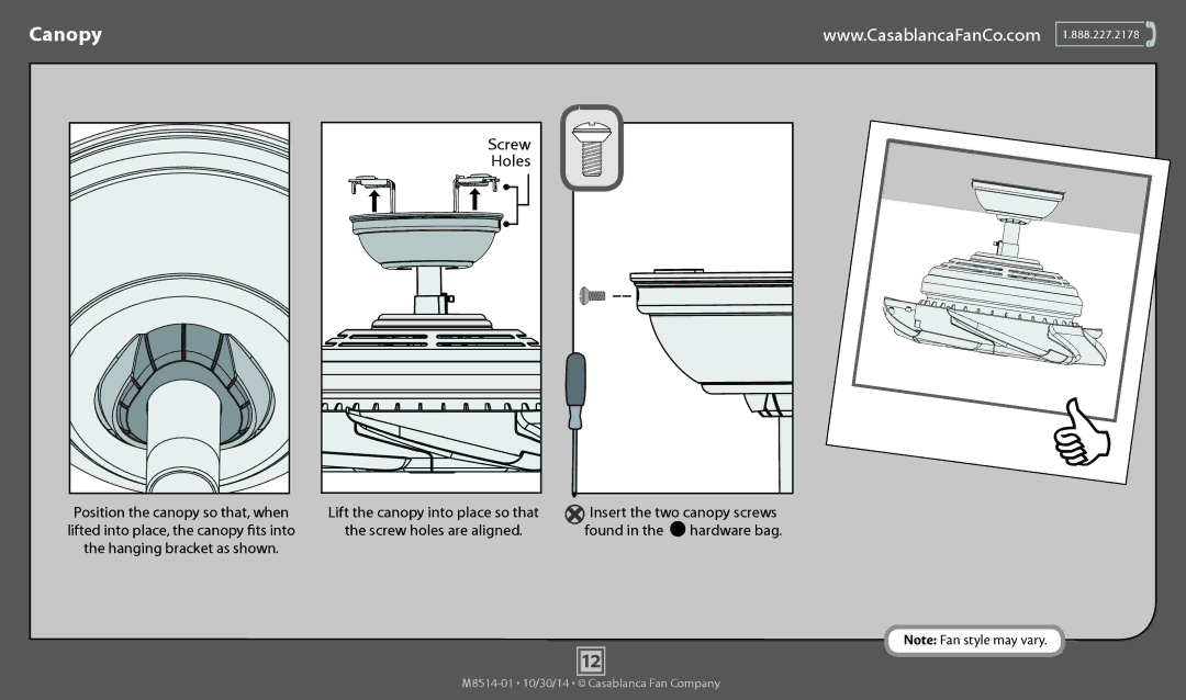 Casablanca Fan Company 59090, 59093 operation manual Canopy, Holes 