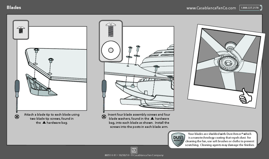 Casablanca Fan Company 59093, 59090 operation manual Blades, Screws into the posts in each blade arm 