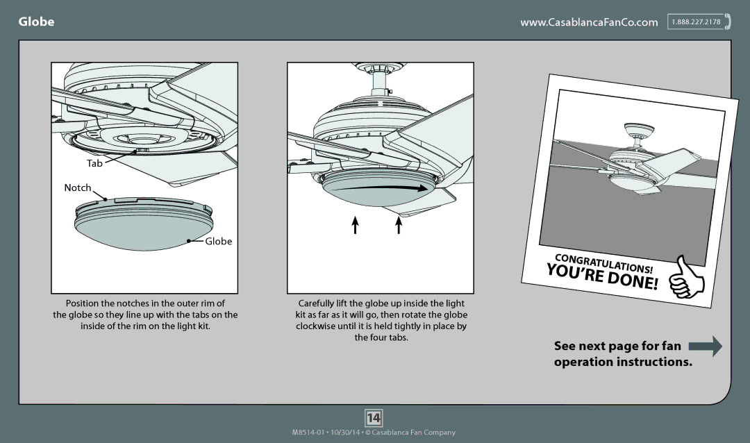 Casablanca Fan Company 59090, 59093 operation manual Globe 