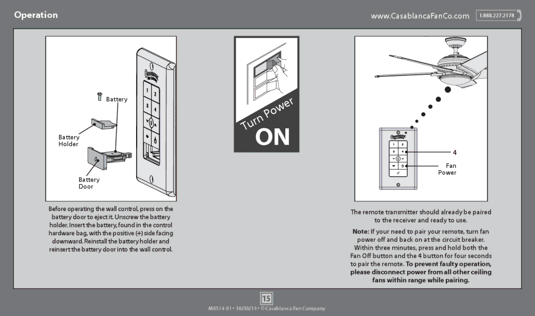 Casablanca Fan Company 59093, 59090 operation manual Operation, Battery Holder Door 