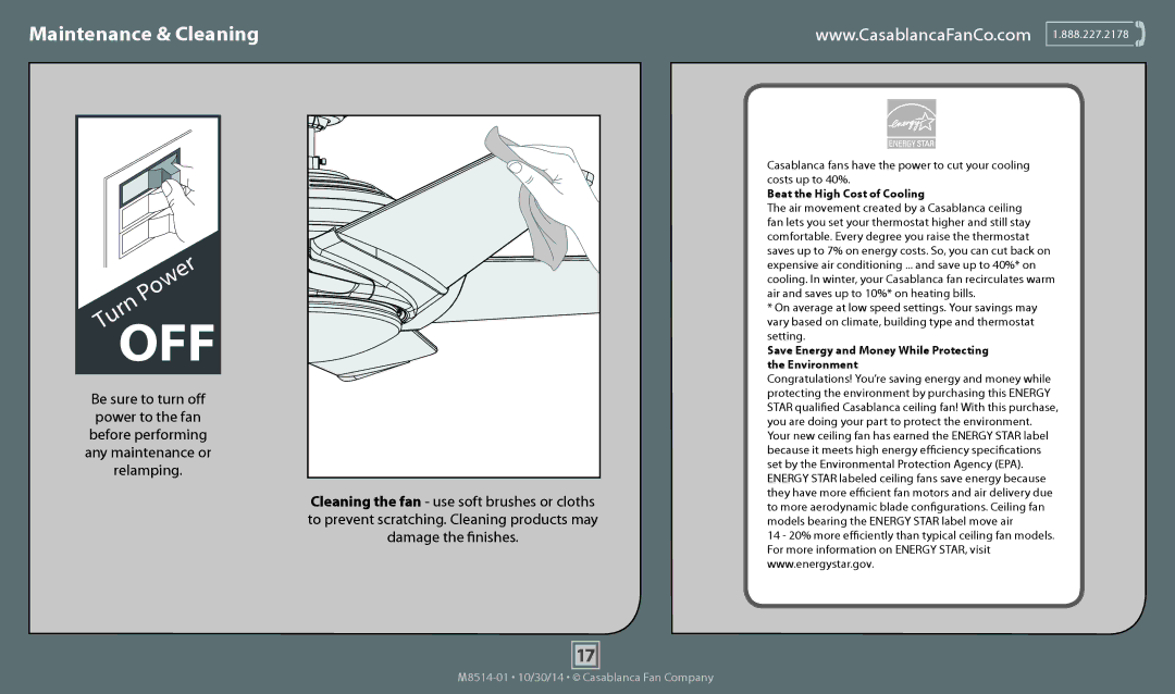 Casablanca Fan Company 59093, 59090 operation manual Off, Maintenance & Cleaning 