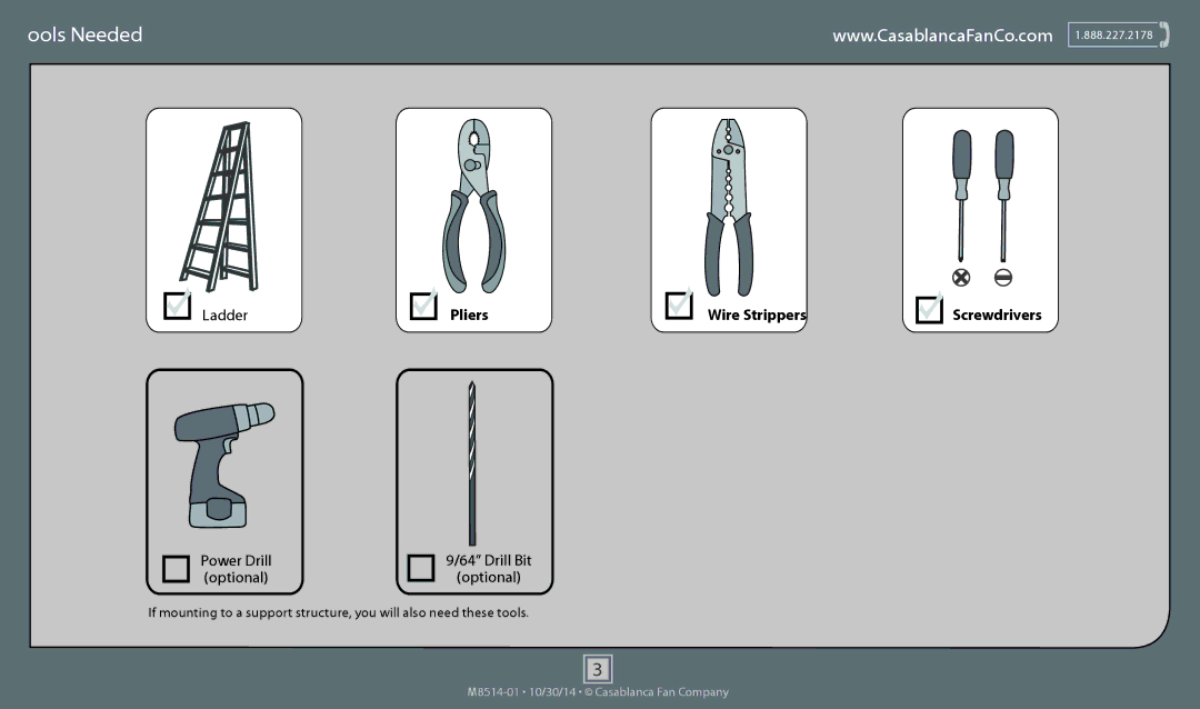 Casablanca Fan Company 59093, 59090 operation manual Tools Needed 