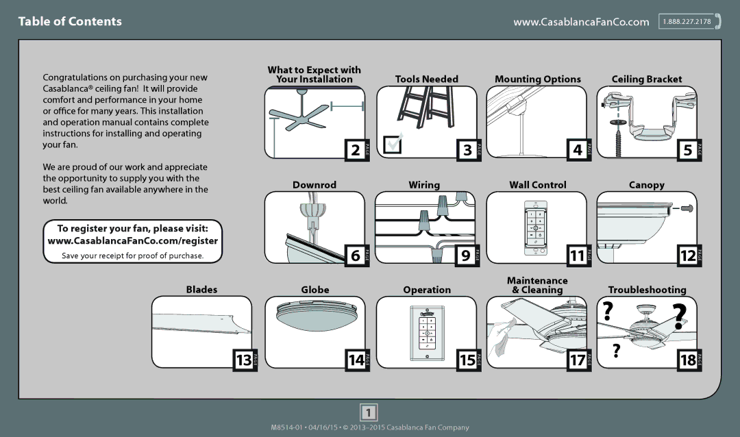 Casablanca Fan Company 59094, 59092 operation manual ? ?, Table of Contents 