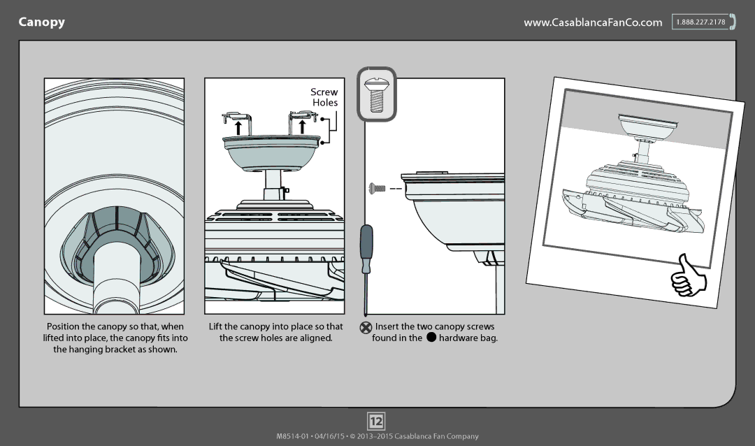 Casablanca Fan Company 59092, 59094 operation manual Canopy, Holes 