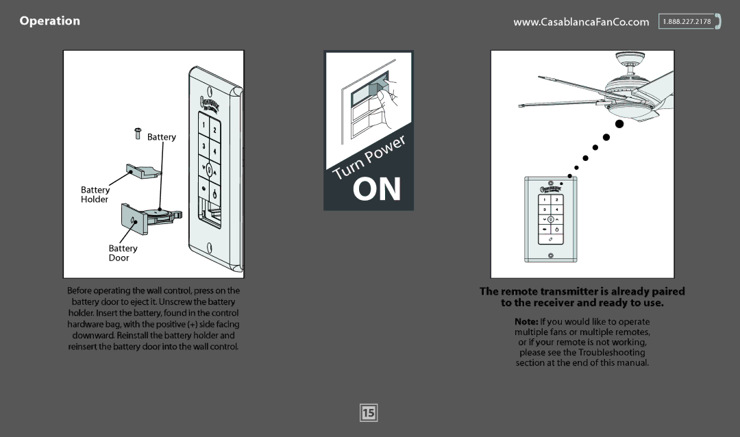 Casablanca Fan Company 59094, 59092 operation manual Operation, Battery Holder Door 