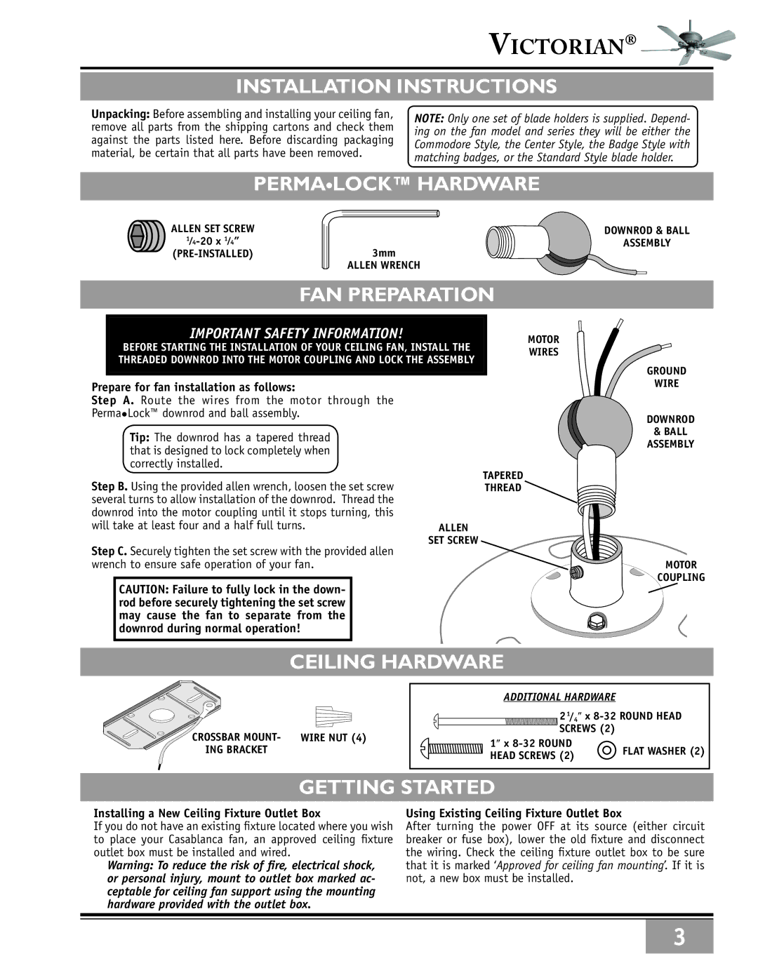 Casablanca Fan Company 63XXT warranty Installation Instructions, Ceiling Hardware, Prepare for fan installation as follows 