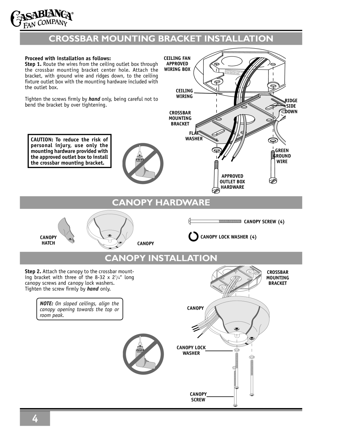 Casablanca Fan Company 63XXT warranty Crossbar Mounting Bracket Installation, Canopy Hardware, Canopy Installation 