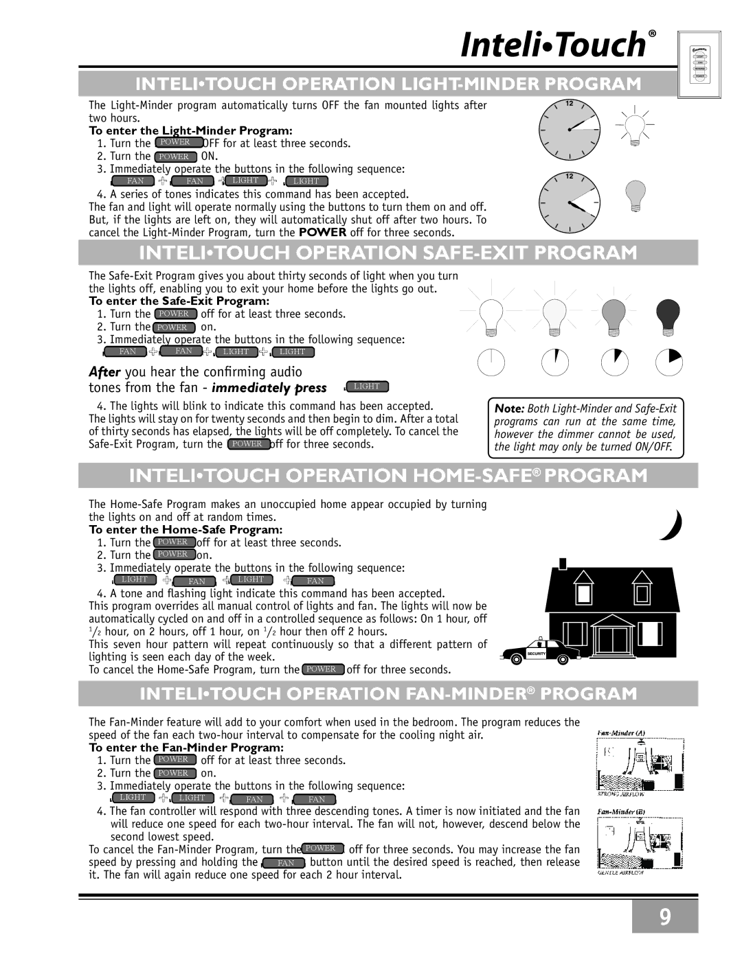 Casablanca Fan Company 63XXT warranty Intelitouch Operation SAFE-EXIT Program, Intelitouch Operation HOME-SAFEPROGRAM 