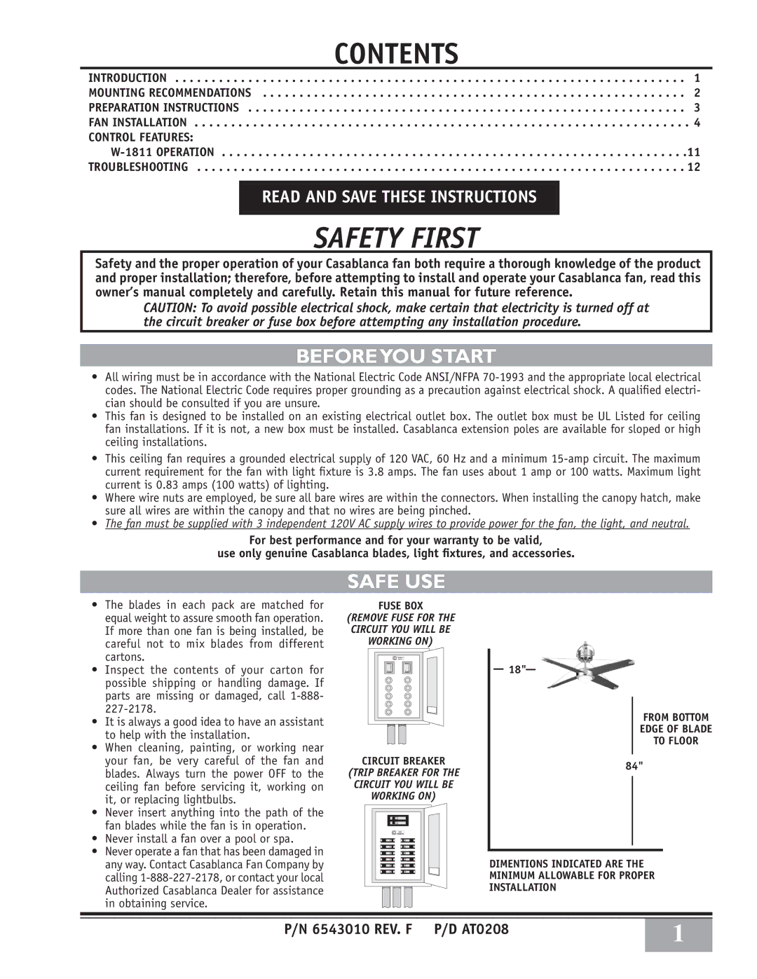 Casablanca Fan Company 65GxxD warranty Safety First 