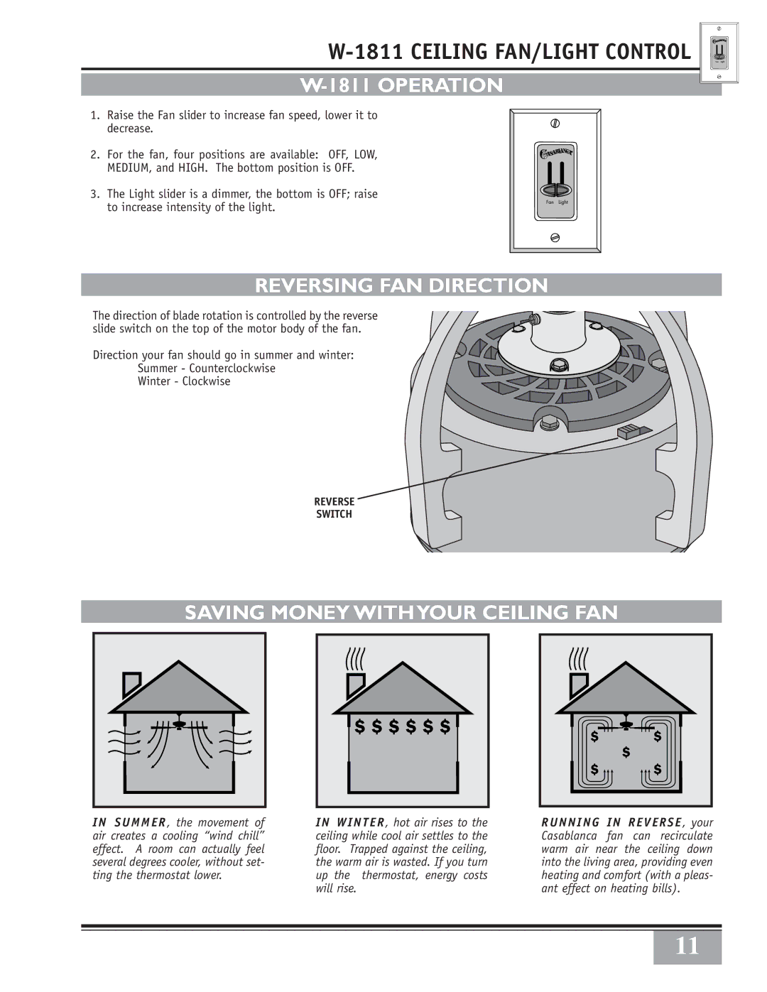 Casablanca Fan Company 65GxxD Operation, Reversing FAN Direction, Saving Money Withyour Ceiling FAN, Reverse Switch 