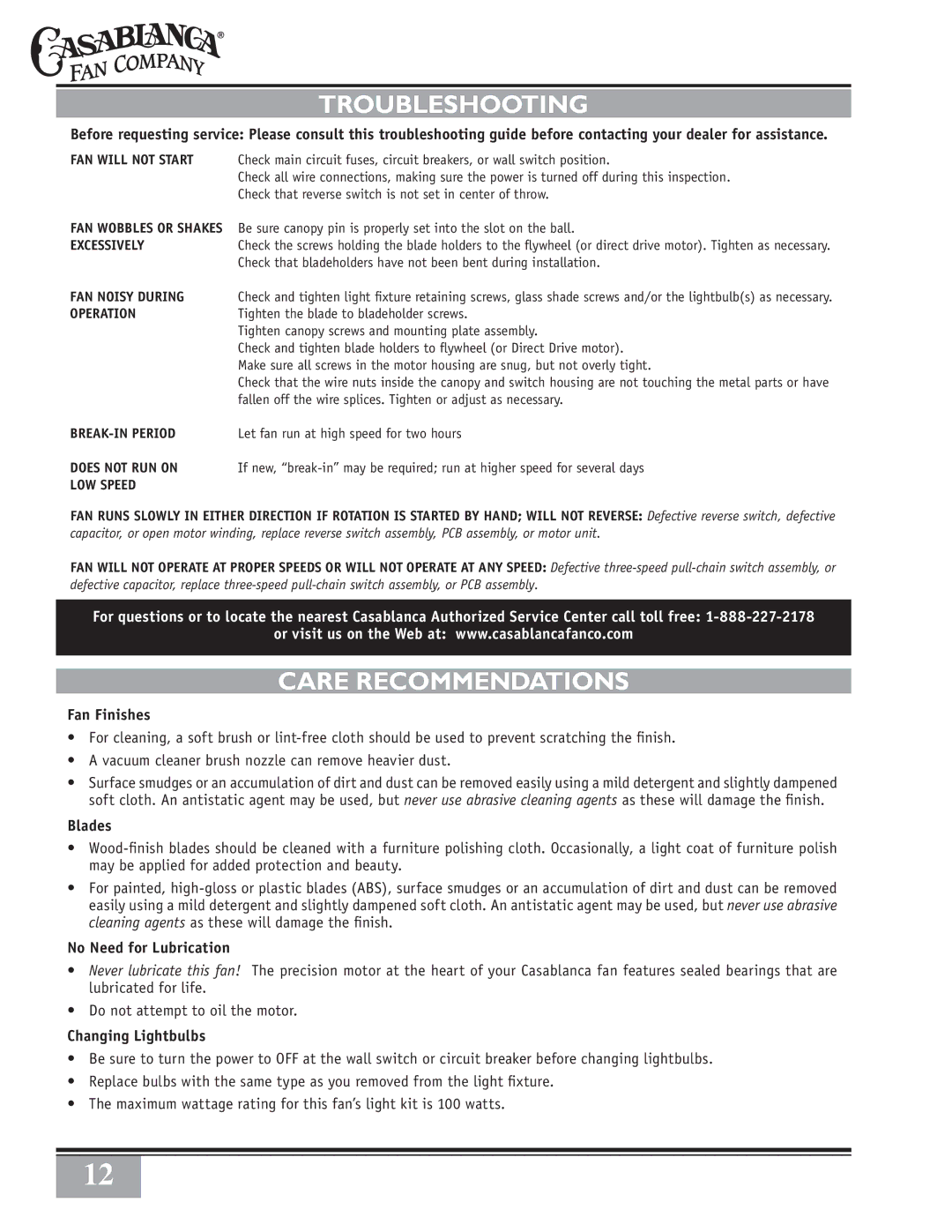 Casablanca Fan Company 65GxxD warranty Troubleshooting, Care Recommendations 