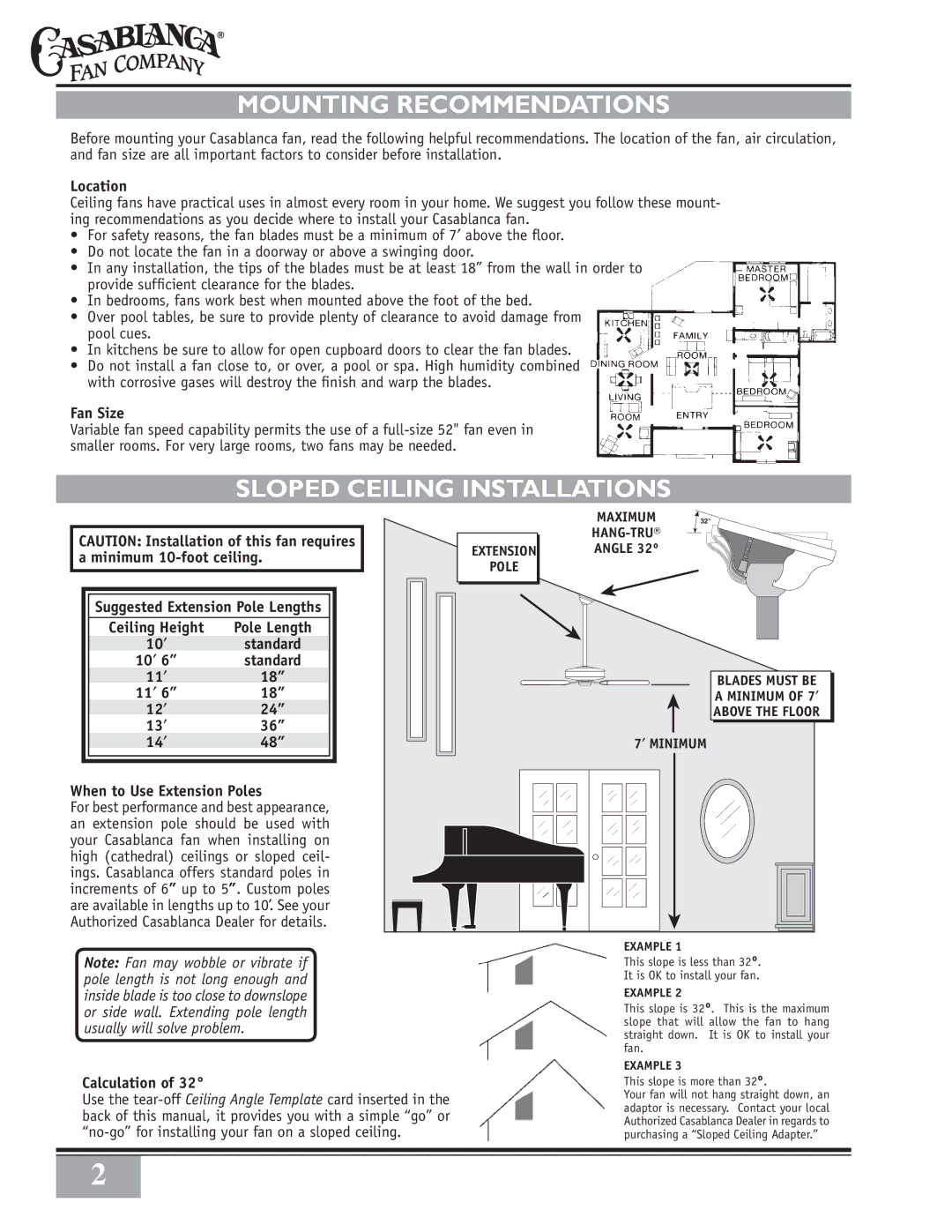 Casablanca Fan Company 65GxxD warranty Mounting Recommendations, Sloped Ceiling Installations 