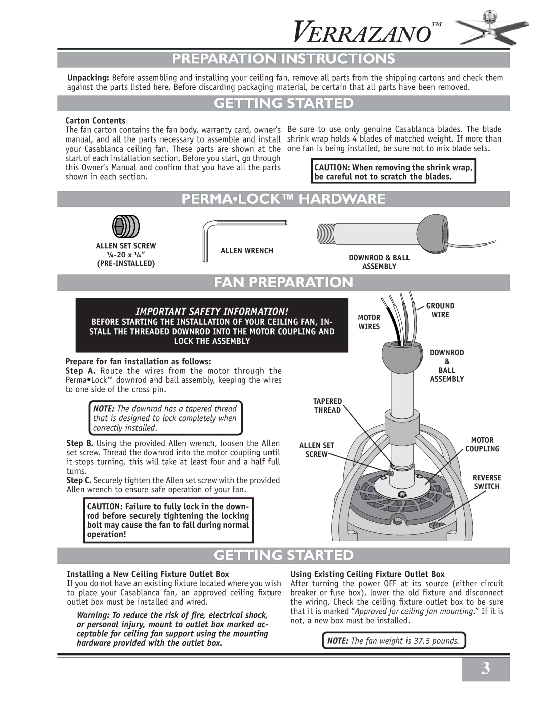 Casablanca Fan Company 65GxxD warranty Preparation Instructions, Getting Started, Permalock Hardware, FAN Preparation 