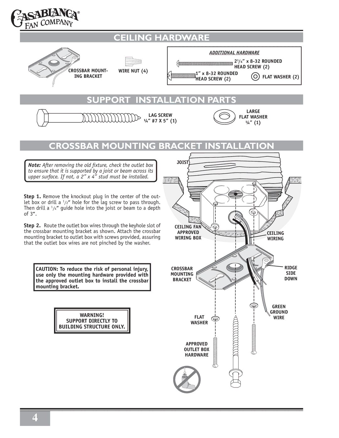 Casablanca Fan Company 65GxxD warranty Ceiling Hardware, Support Installation Parts, Crossbar Mounting Bracket Installation 