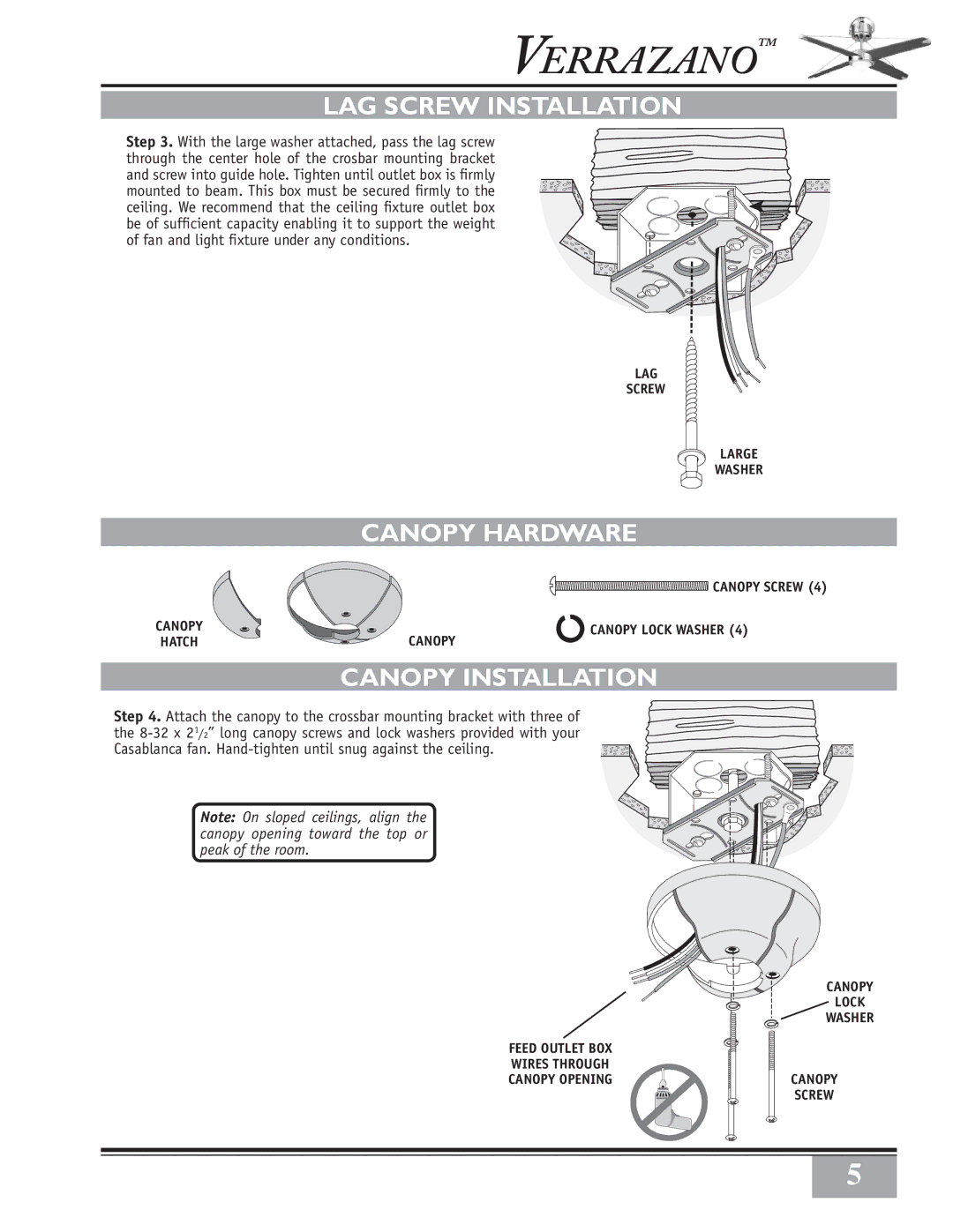 Casablanca Fan Company 65GxxD warranty LAG Screw Installation, Canopy Hardware, Canopy Installation 