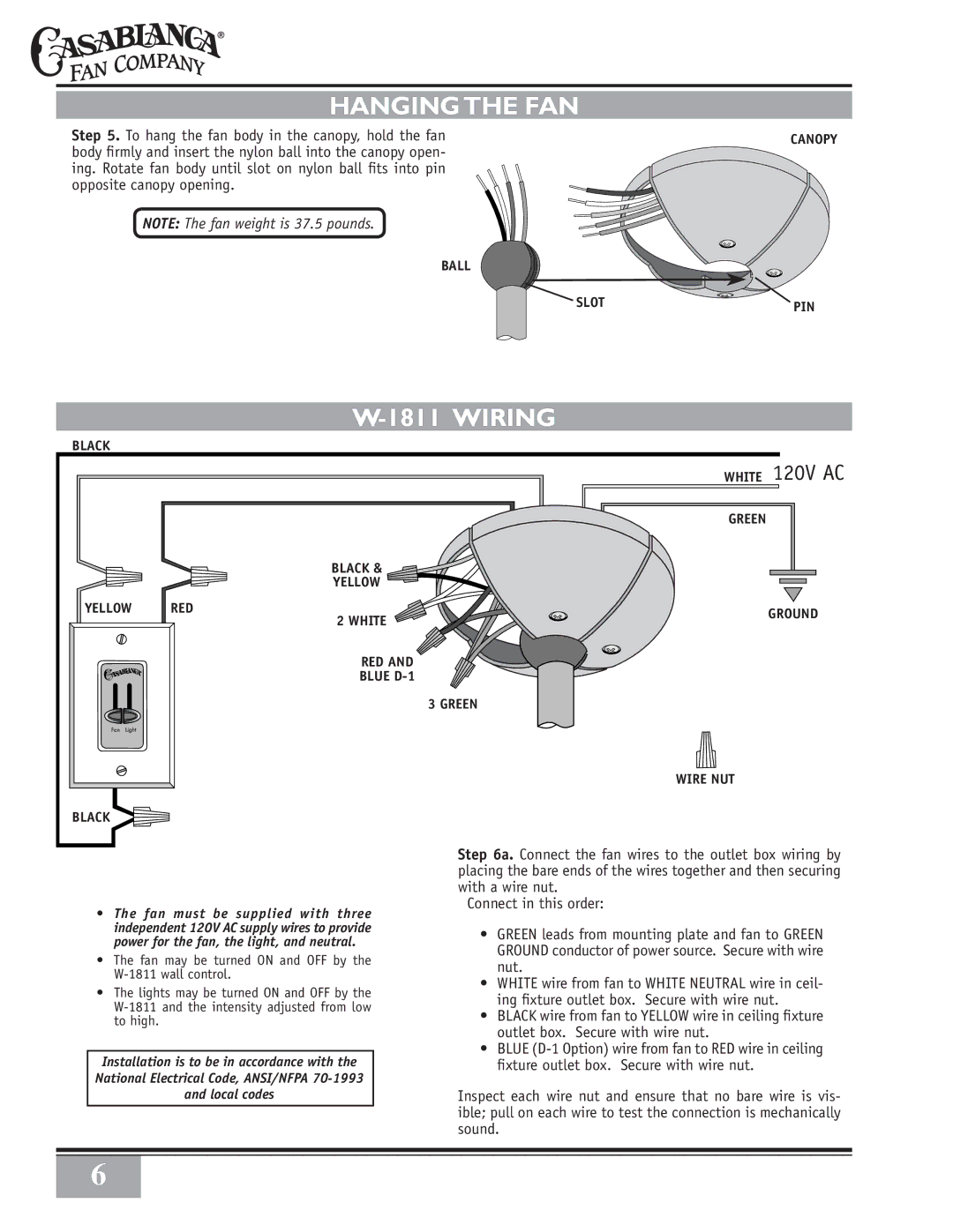 Casablanca Fan Company 65GxxD warranty Hangingthe FAN, Wiring, Ball Canopy Slot PIN, Black White 