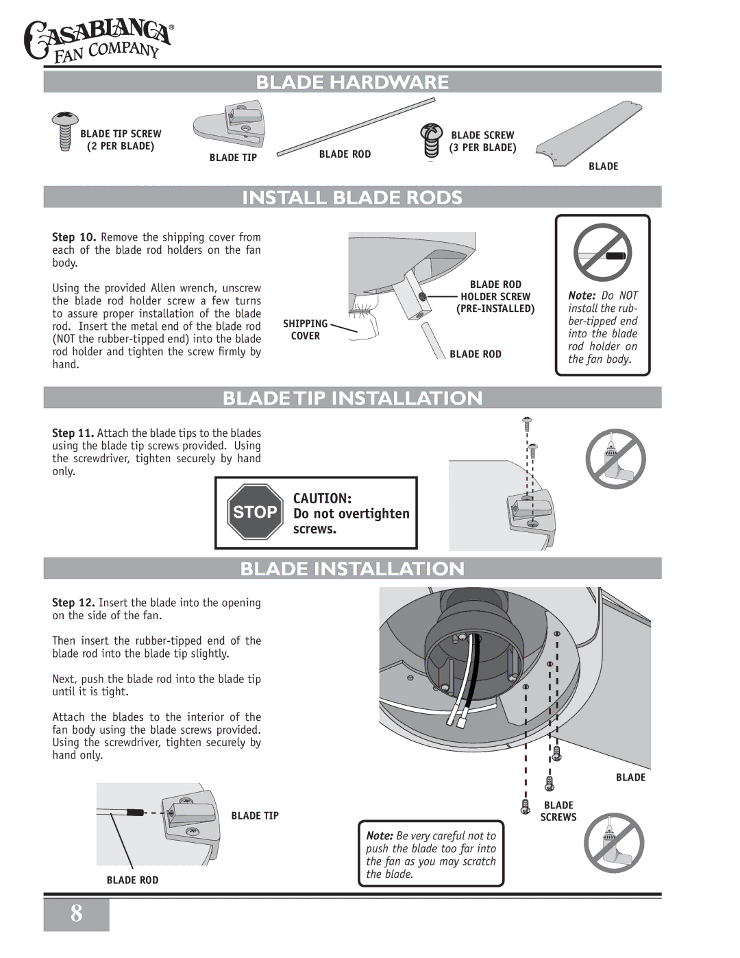 Casablanca Fan Company 65GxxD warranty Blade Hardware, Install Blade Rods, Bladetip Installation, Blade Installation 