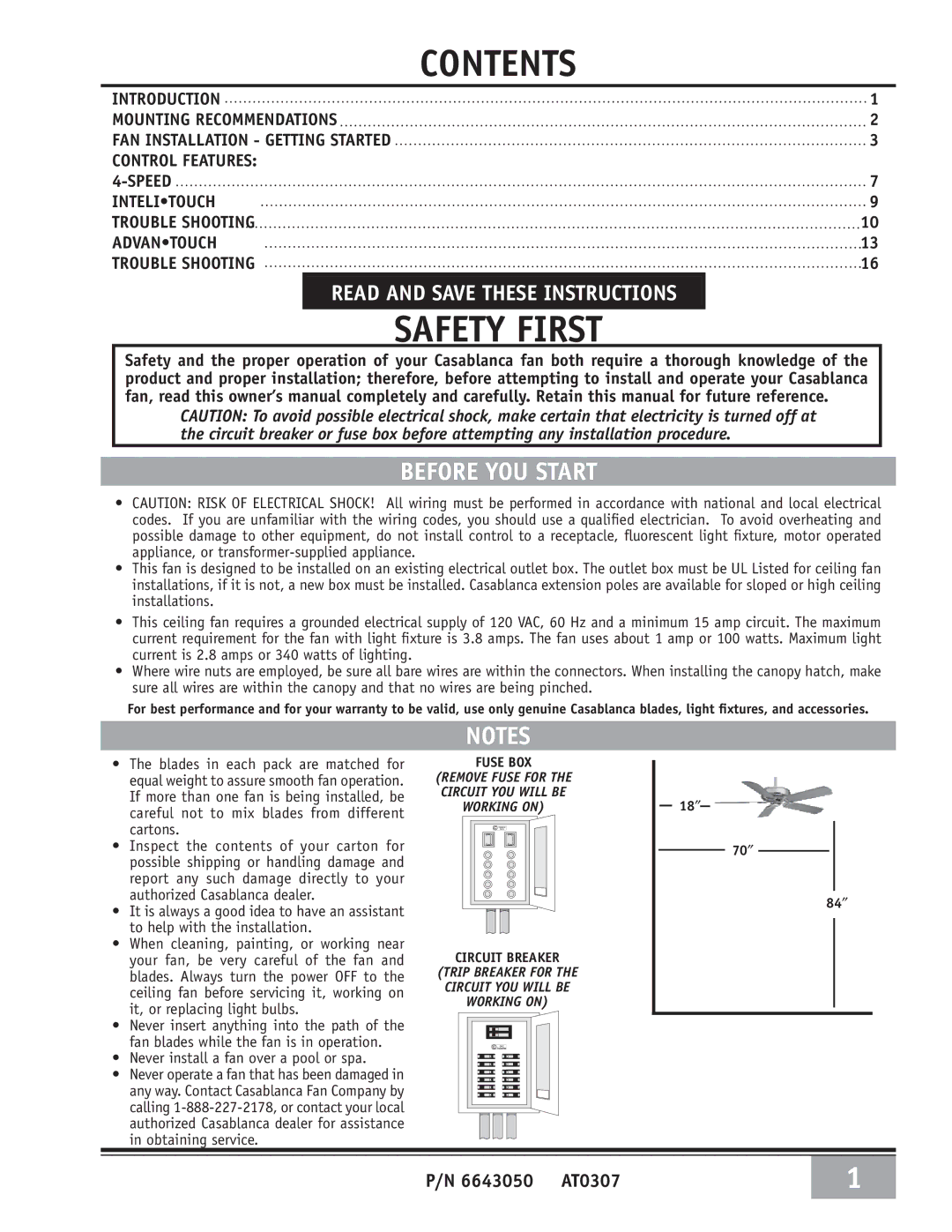 Casablanca Fan Company 6643050 warranty Safety First 