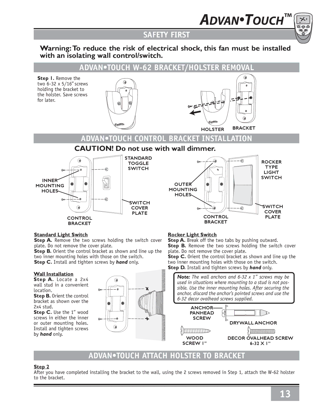 Casablanca Fan Company 6643050 Safety First Advantouch W-62 BRACKET/HOLSTER Removal, Advantouch Attach Holster to Bracket 