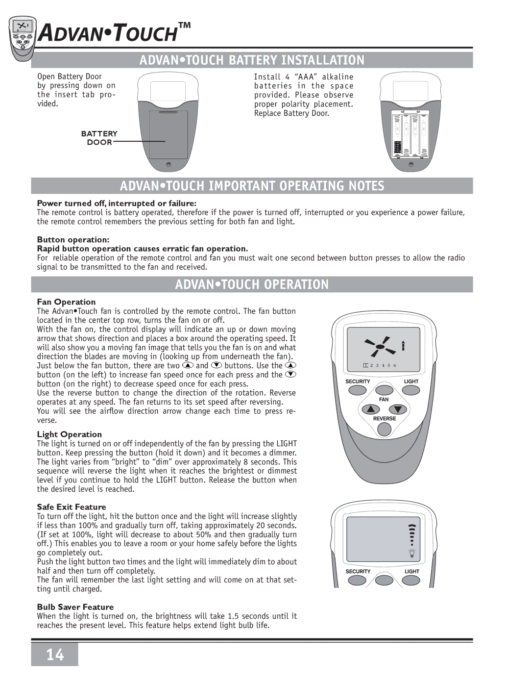 Casablanca Fan Company 6643050 Advantouch Battery Installation, Advantouch Important Operating Notes, Advantouch Operation 