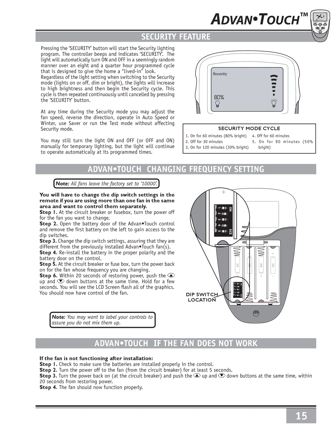 Casablanca Fan Company 6643050 warranty Security Feature, Advantouch Changing Frequency Setting 