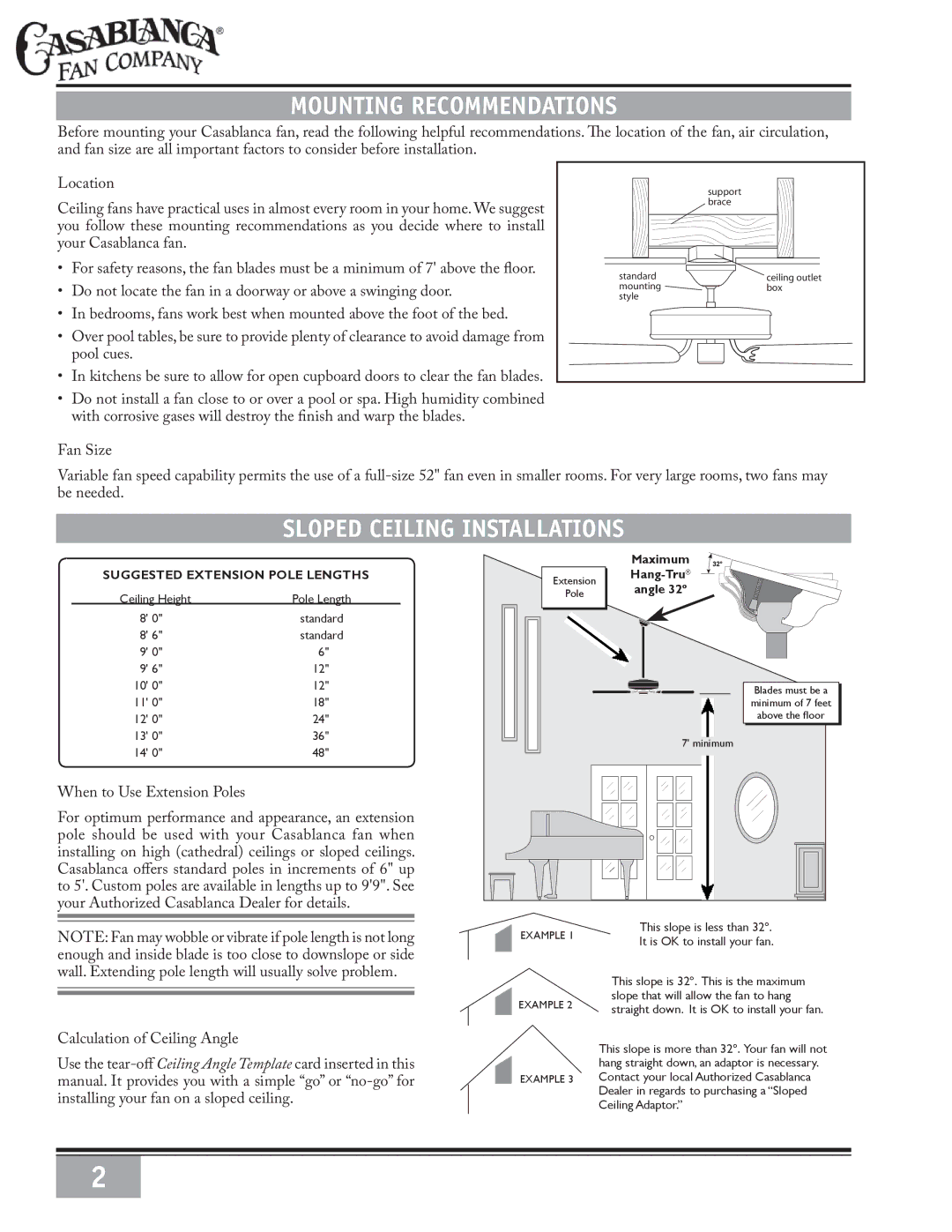 Casablanca Fan Company 6643050 warranty Mounting Recommendations, Sloped Ceiling Installations 