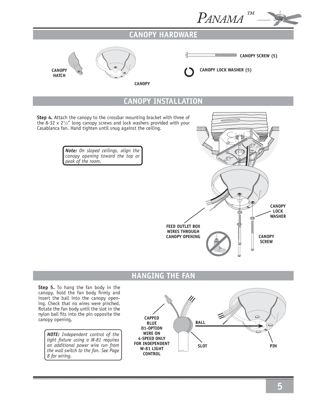 Casablanca Fan Company 6643050 warranty Canopy Hardware, Canopy Installation, Hanging the FAN 