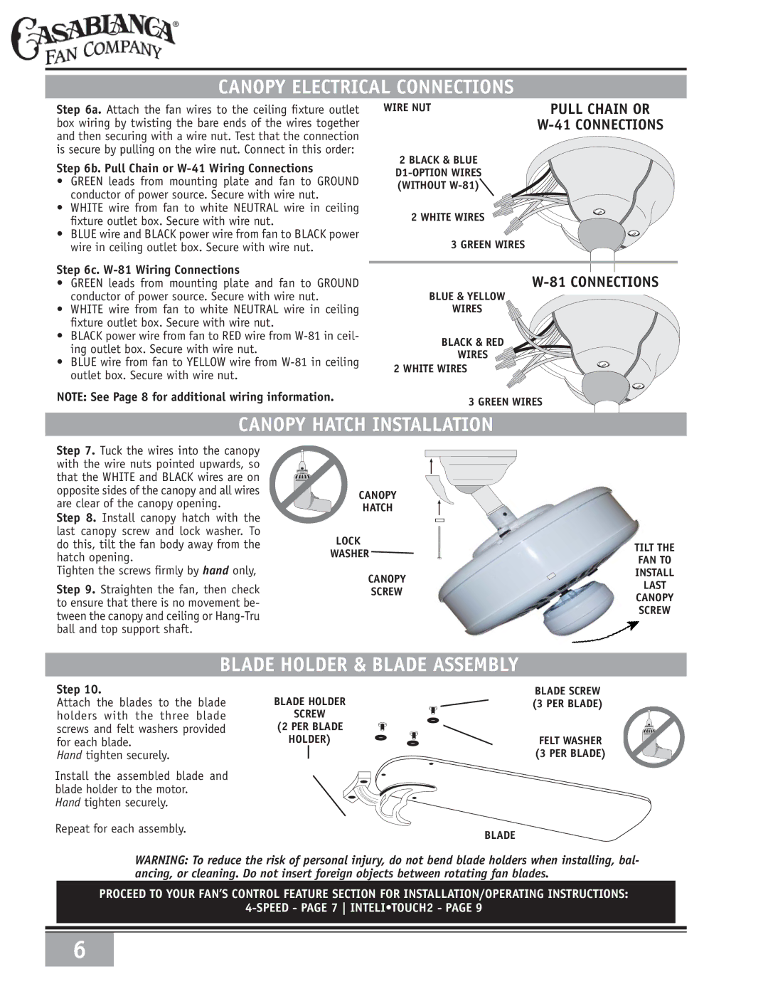 Casablanca Fan Company 6643050 Canopy Electrical Connections, Canopy Hatch Installation, Blade Holder & Blade Assembly 