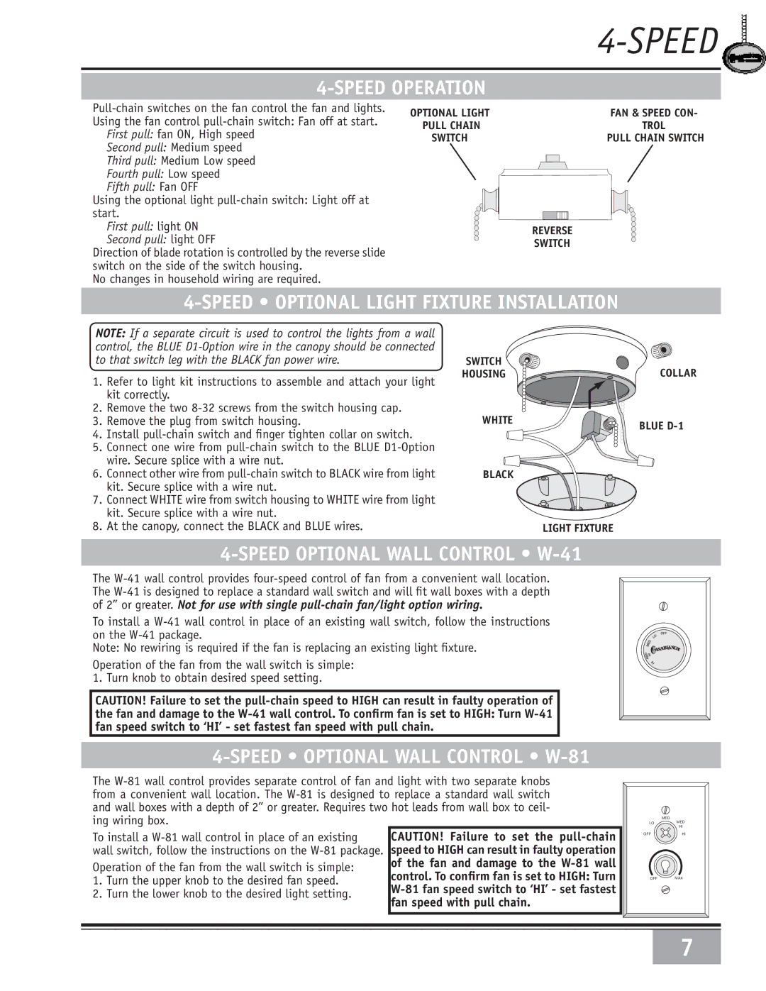 Casablanca Fan Company 6643050 warranty Speed Operation, Speed Optional Light Fixture Installation 