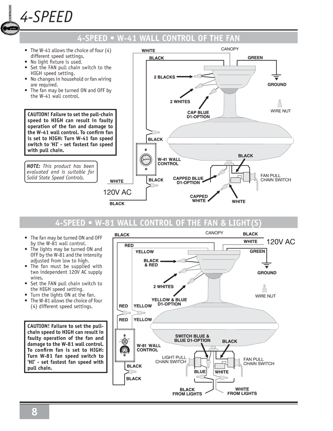 Casablanca Fan Company 6643050 warranty Speed W-41 Wall Control of the FAN, Speed W-81 Wall Control of the FAN & Lights 