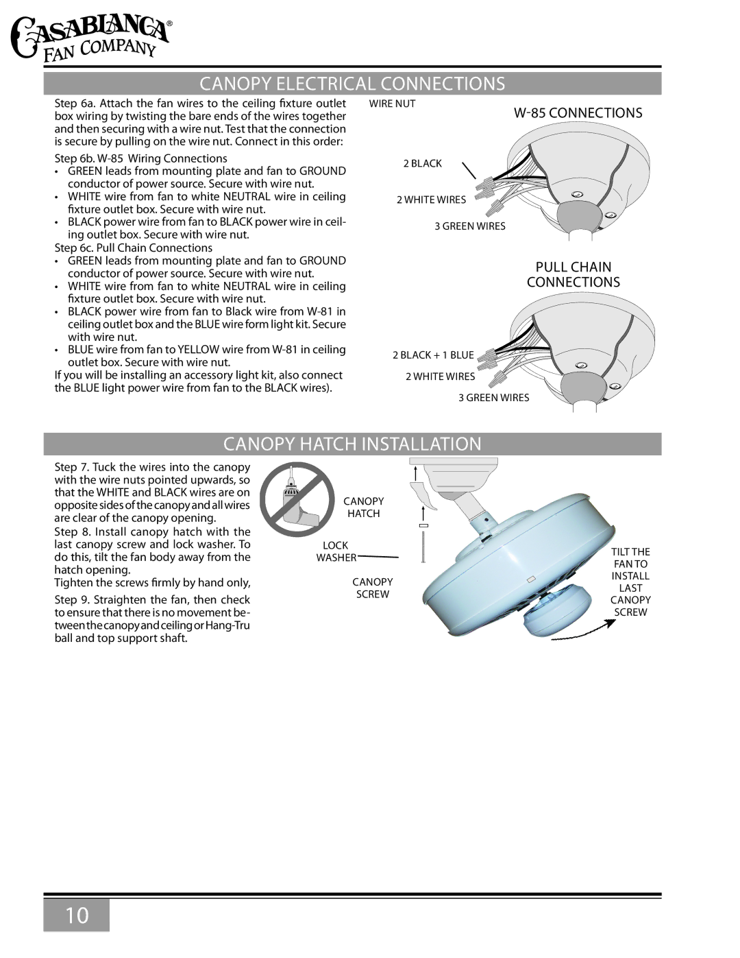 Casablanca Fan Company 6643Z owner manual Canopy Electrical Connections, Canopy Hatch Installation 