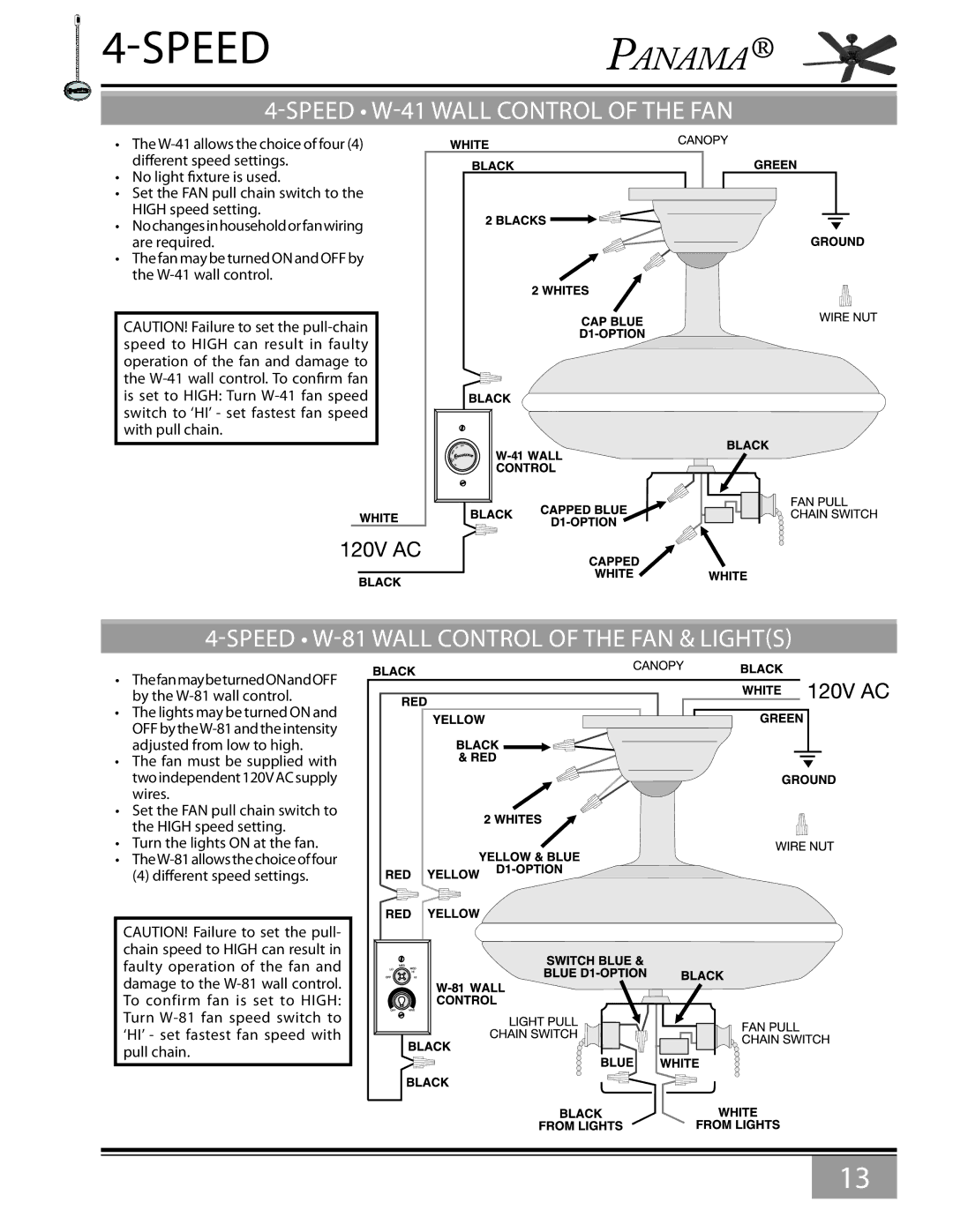 Casablanca Fan Company 6643Z owner manual Speed W-41 Wall Control of the FAN, Speed W-81 Wall Control of the FAN & Lights 