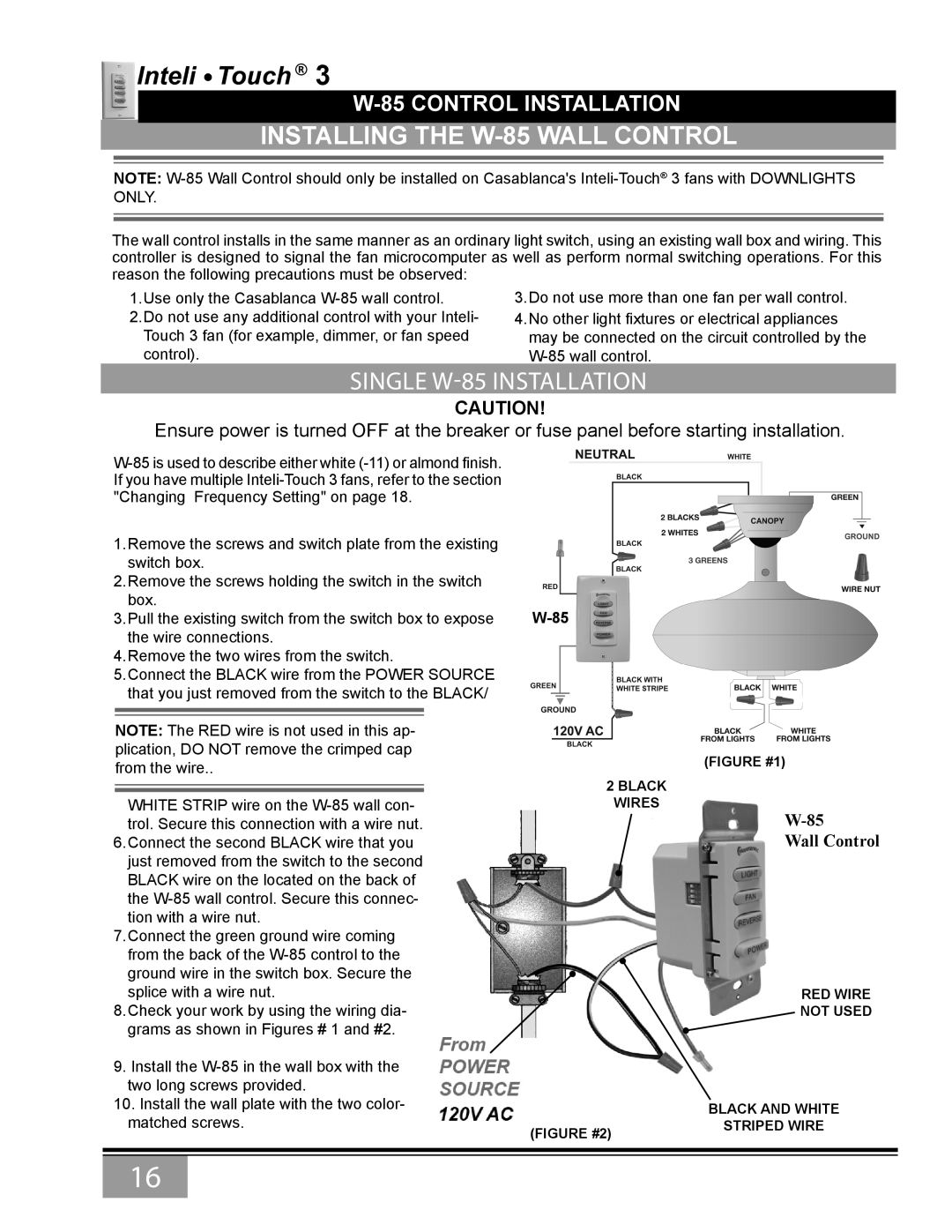 Casablanca Fan Company 6643Z owner manual Installing the W-85 Wall Control, Single W-85 Installation 