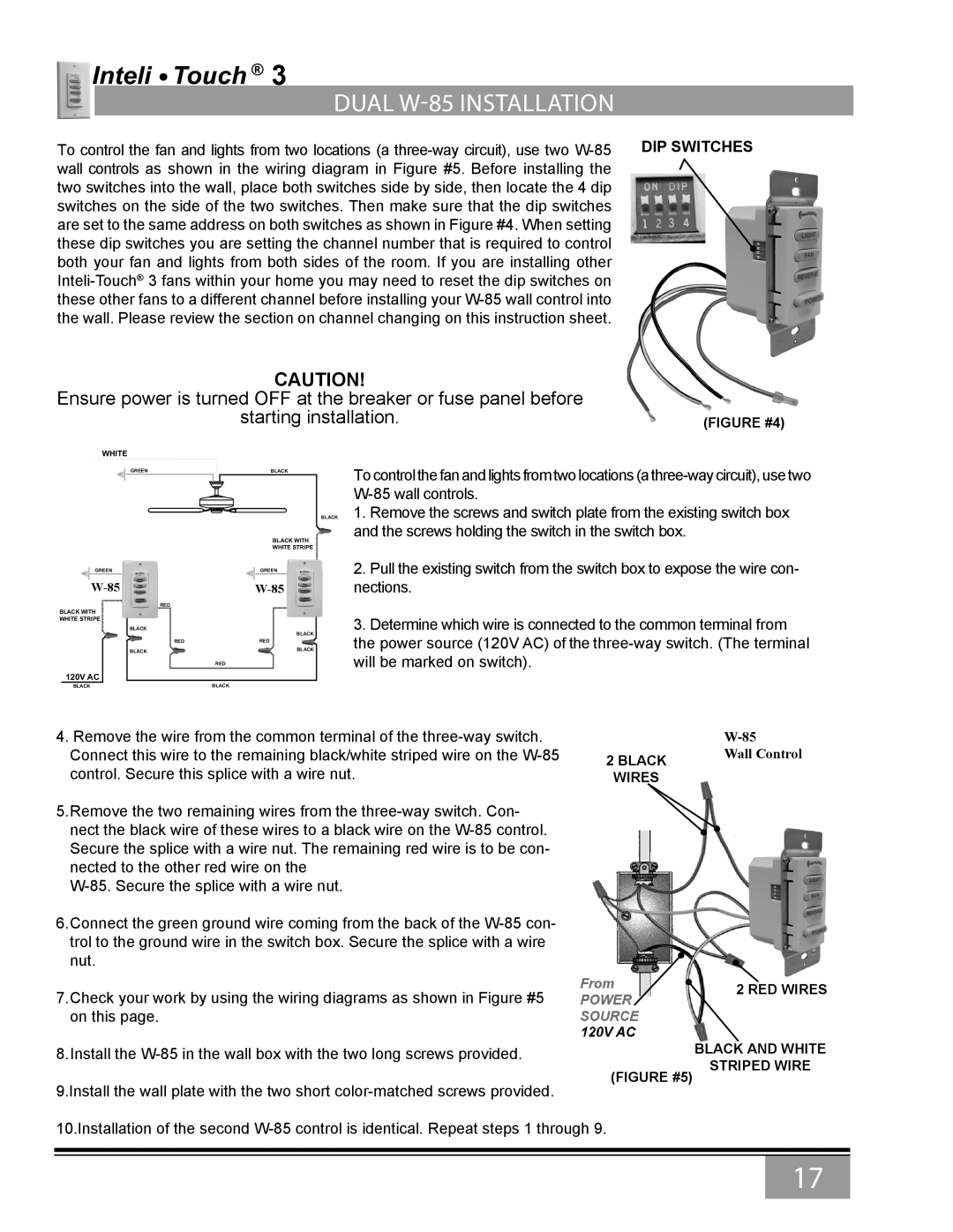 Casablanca Fan Company 6643Z owner manual Dual W-85 Installation, DIP Switches 