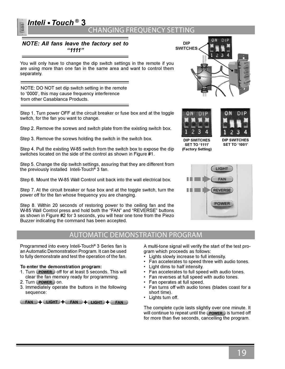 Casablanca Fan Company 6643Z owner manual Changing frequency setting, Automatic Demonstration Program 