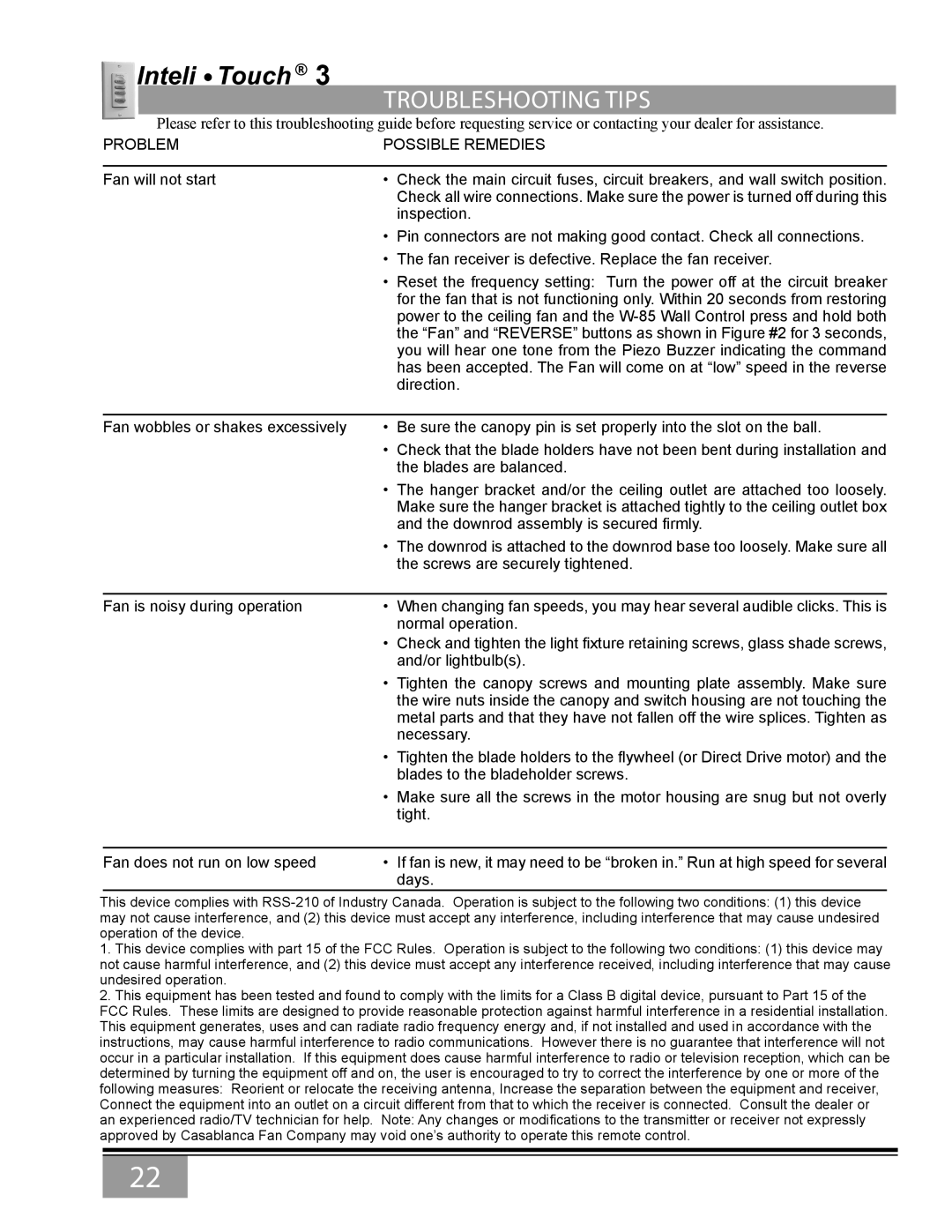 Casablanca Fan Company 6643Z owner manual Troubleshooting tips, Problem Possible Remedies 